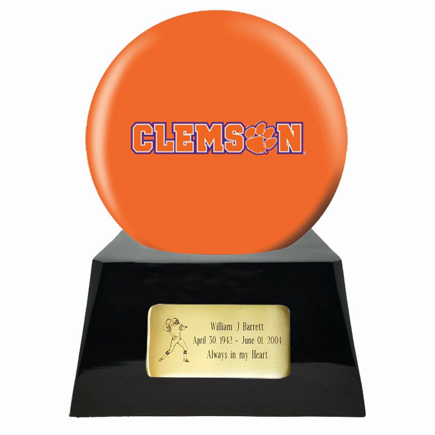 Football Cremation Urn with Optional Clemson Tiger Ball Decor and Custom Metal Plaque