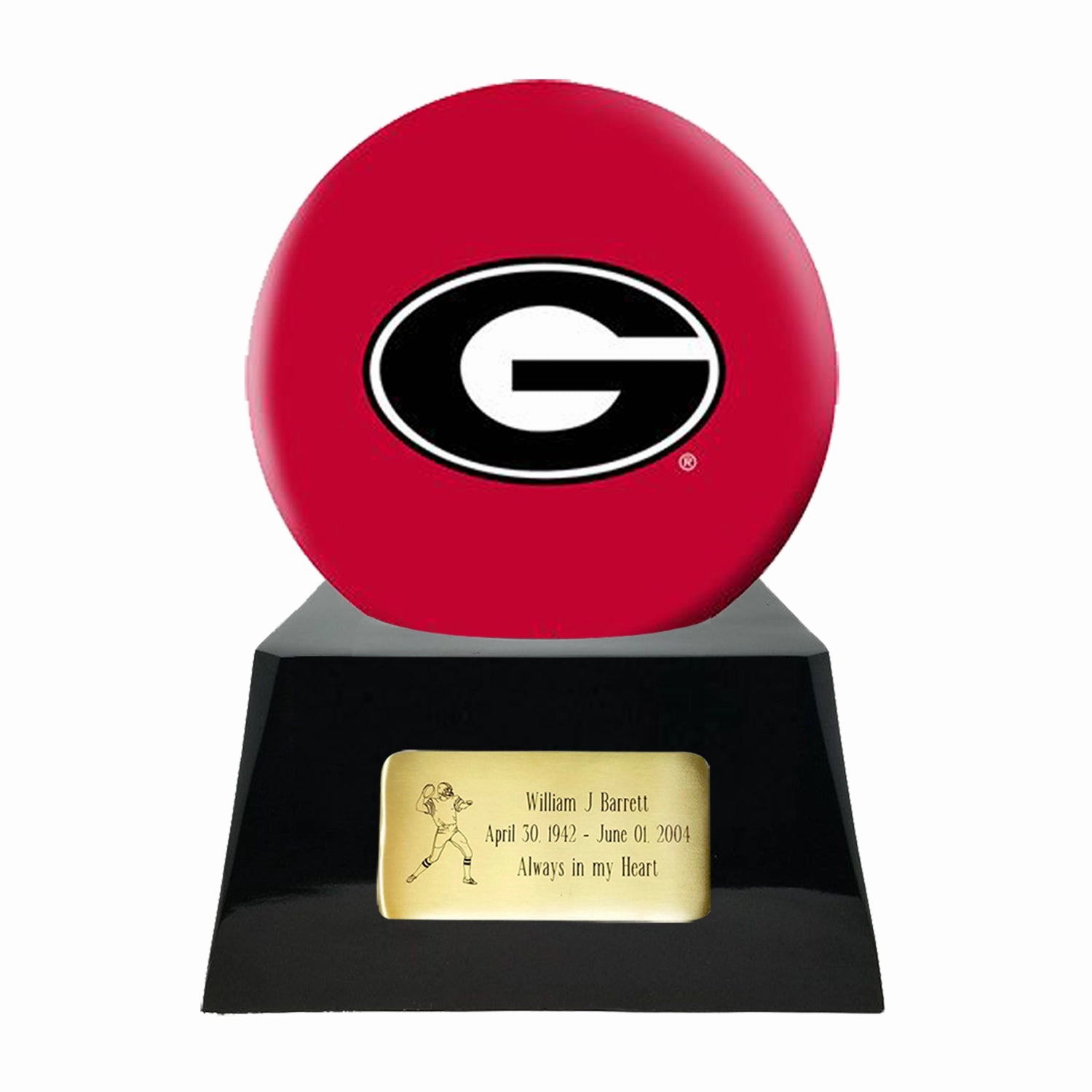 Football Cremation Urn with Optional Georgia Bulldogs Ball Decor and Custom Metal Plaque