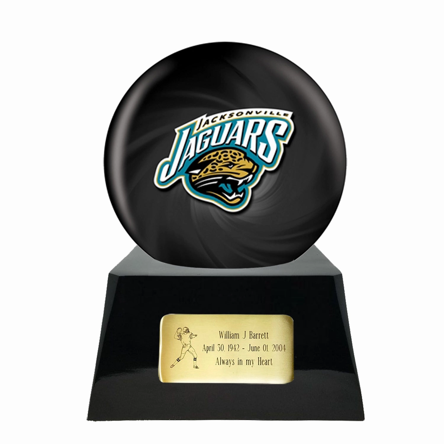 Football Cremation Urn with Optional Jacksonville Jaguars Ball Decor and Custom Metal Plaque