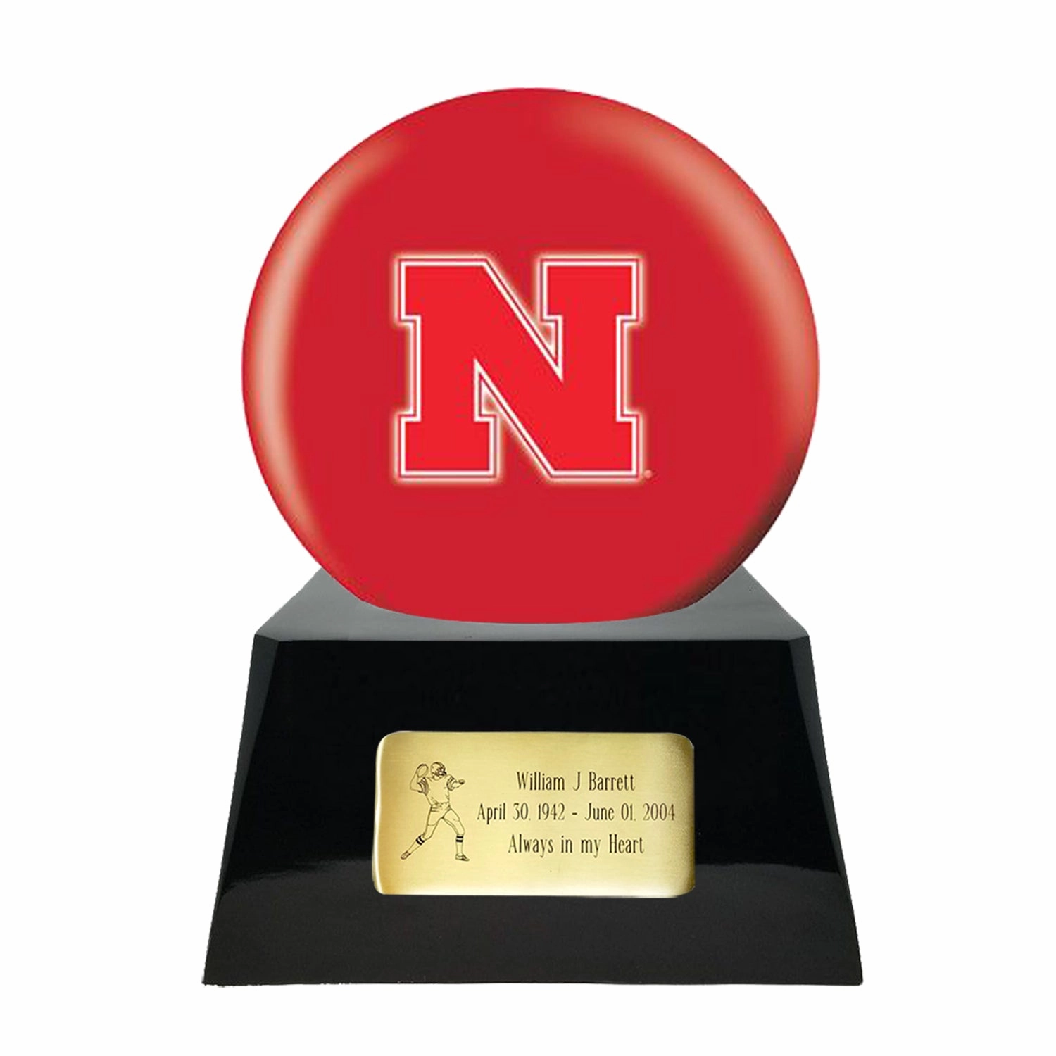 Football Cremation Urn with Optional Nebraska Cornhuskers Ball Decor and Custom Metal Plaque