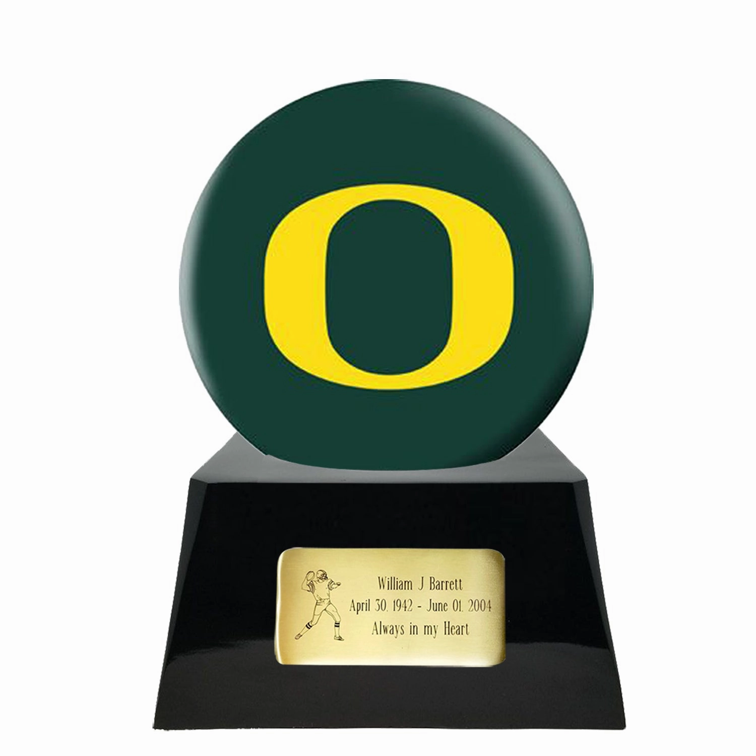Football Cremation Urn with Optional Oregon Ducks Ball Decor and Custom Metal Plaque