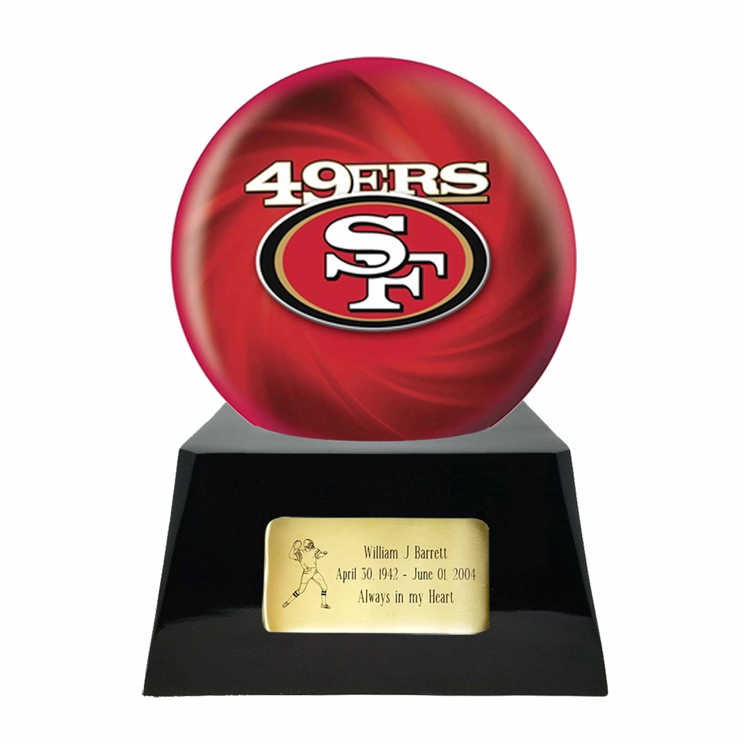 Football Cremation Urn with Optional San Francisco 49ers Ball Decor and Custom Metal Plaque