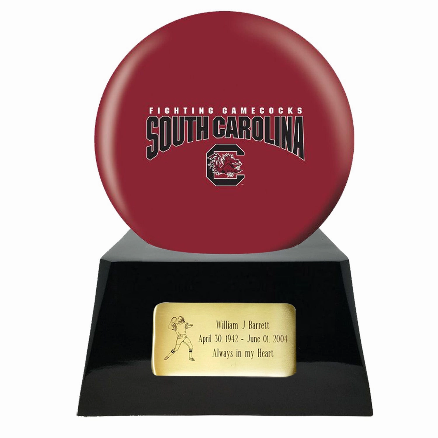 Football Cremation Urn with Optional South Carolina Gamecocks Ball Decor and Custom Metal Plaque