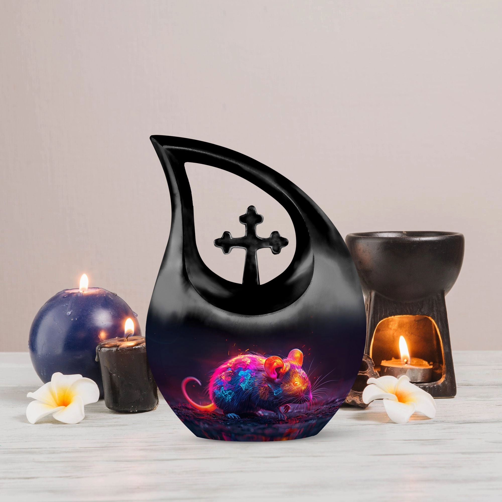 Neon Whisper Rodent, Tall Memorial Urn Cross Drop Design