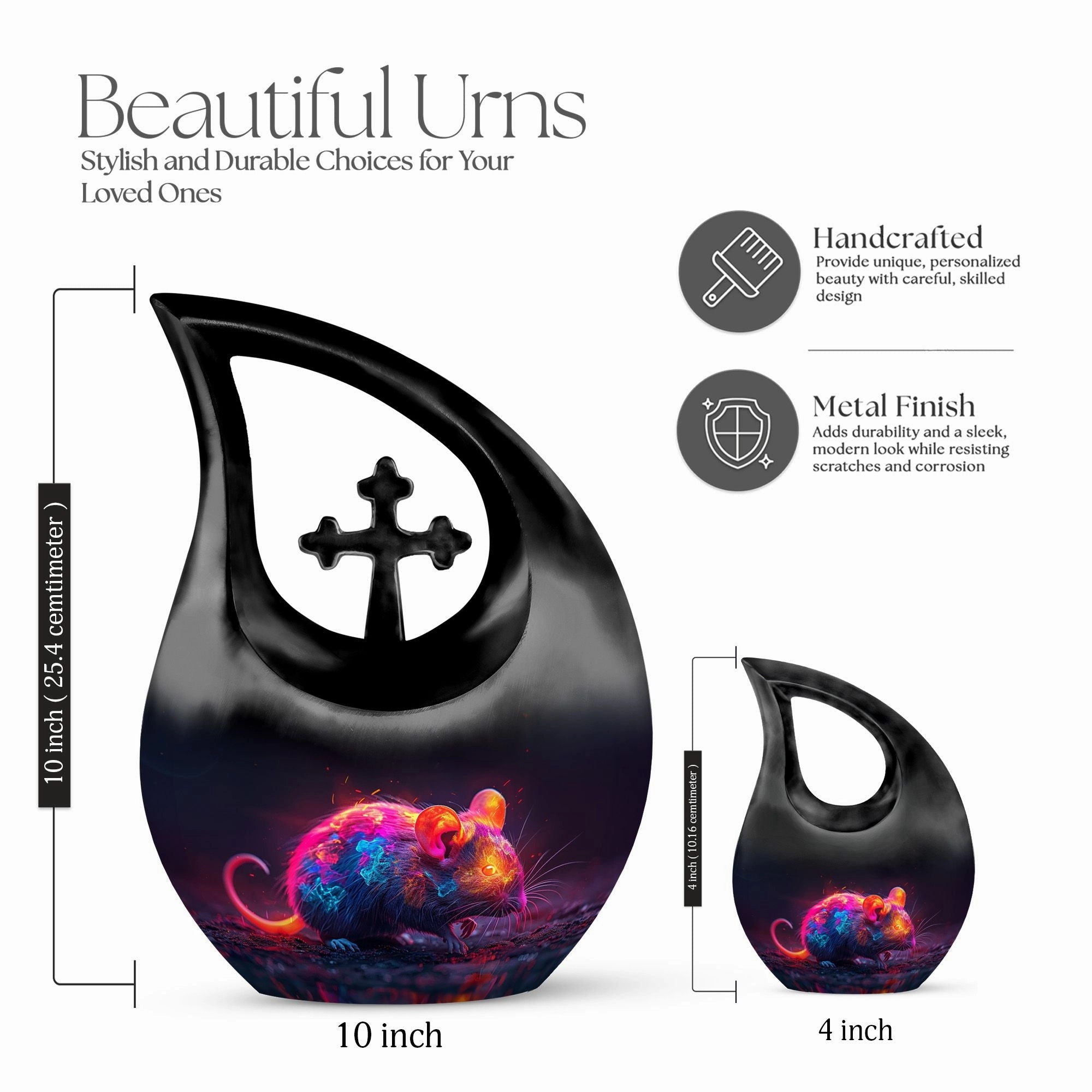 Neon Whisper Rodent, Tall Memorial Urn Cross Drop Design