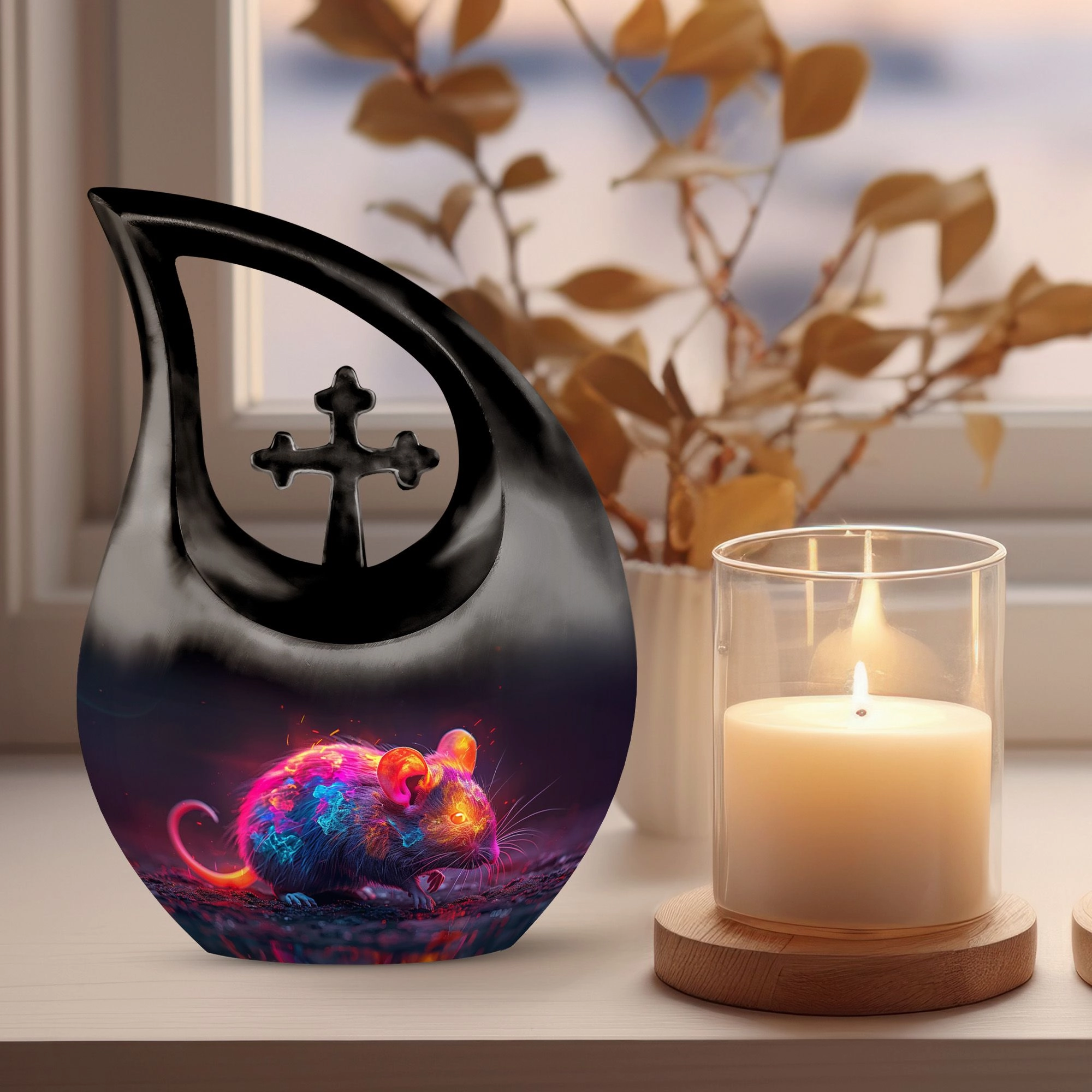 Neon Whisper Rodent, Tall Memorial Urn Cross Drop Design