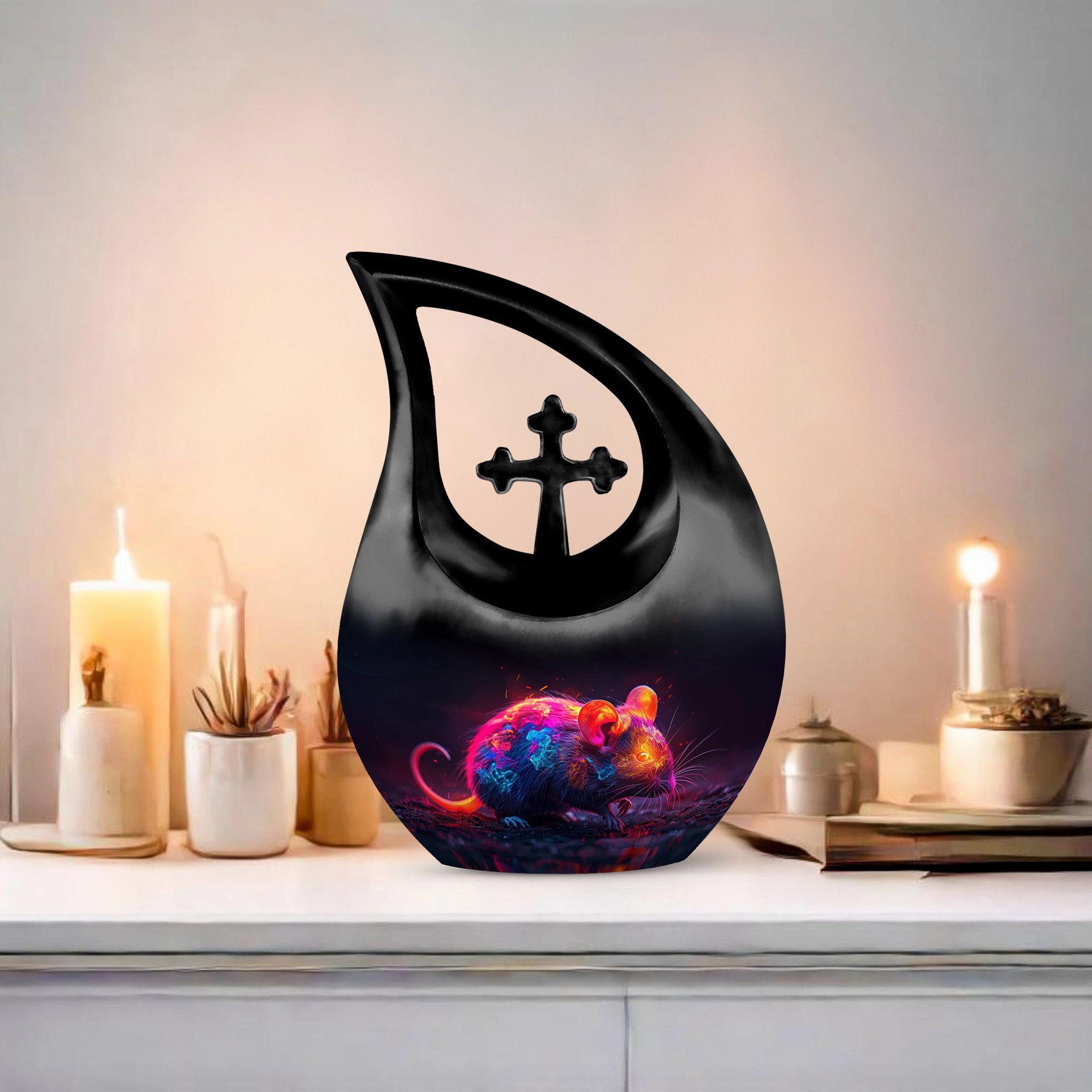 Neon Whisper Rodent, Tall Memorial Urn Cross Drop Design