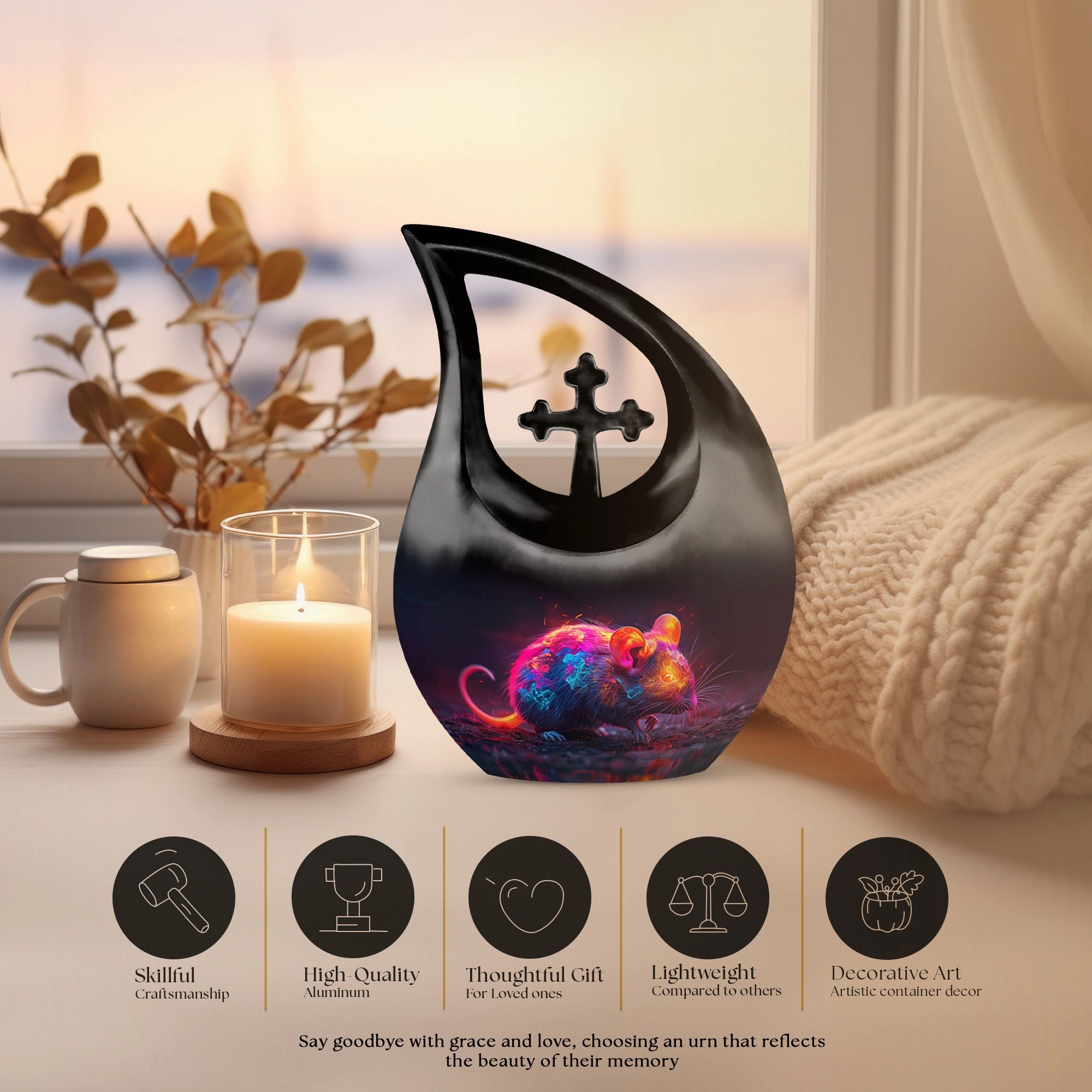 Neon Whisper Rodent, Tall Memorial Urn Cross Drop Design