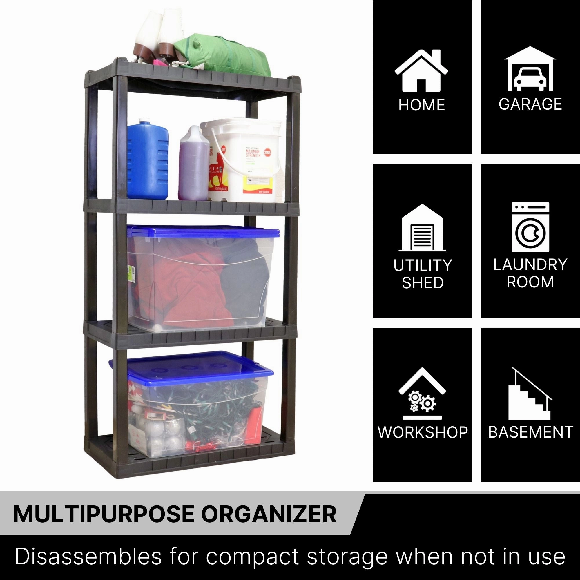 Oskar 4-Tier Storage Shelf, Holds 400 lbs (180 kg), W30 x D14 x H56, Multipurpose Organizer for Garage, Basement, Utility Shed, Workshop, Tool-Free Assembly, Made in North America, Black