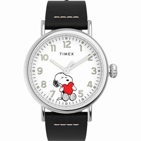 Timex Men's Watch - Standard Peanuts White Dial Black Leather Strap | TW2U72200VQ